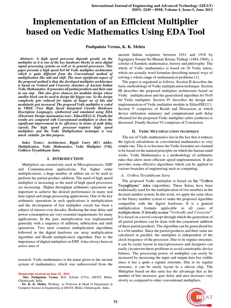 Implementation of An Efficient Multiplier Based On Vedic Mathematics ...