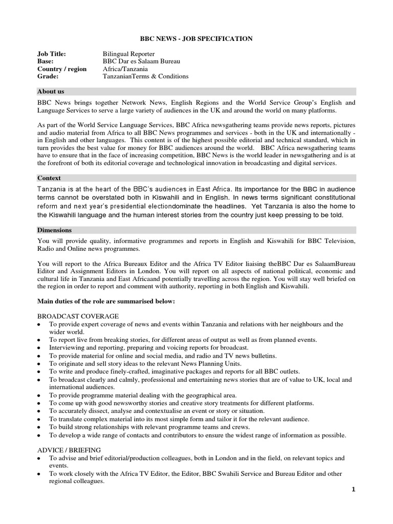 Bilingual Reporter Job at BBC Tanzania | PDF | Bbc | News