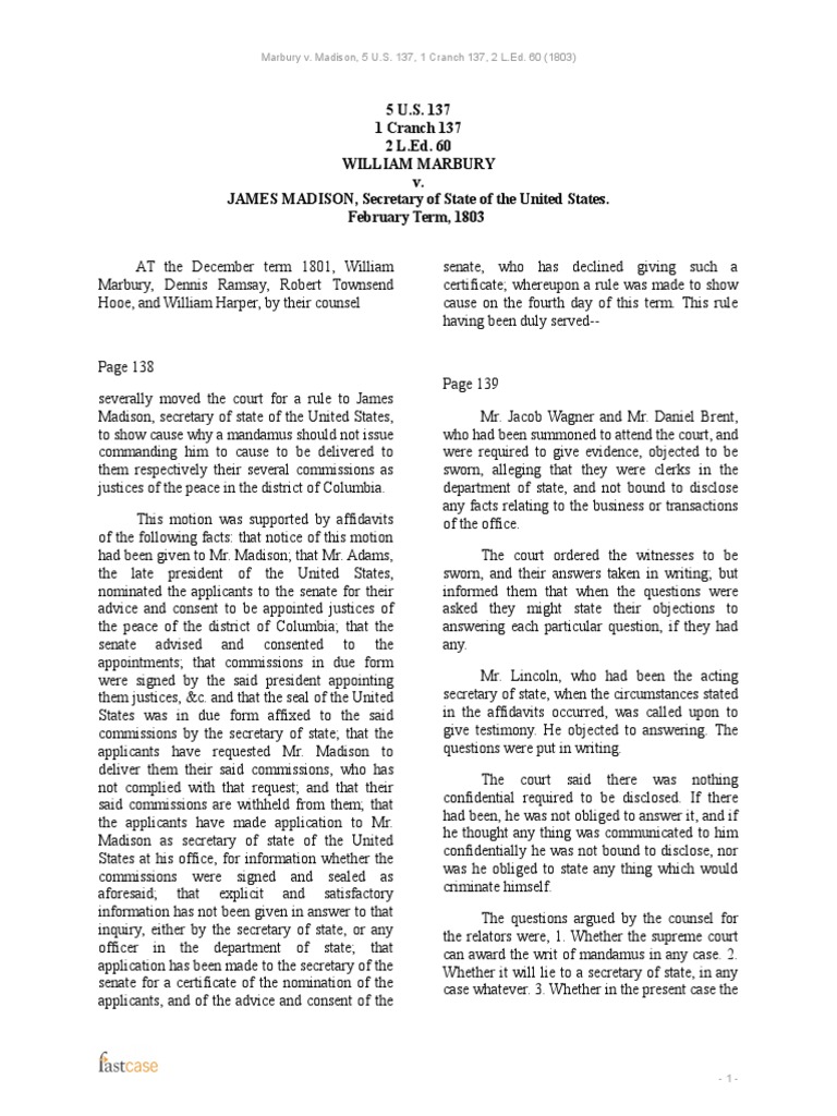 Marbury v. Madison, 5 U.S. 137 | Download Free PDF | Marbury V. Madison ...