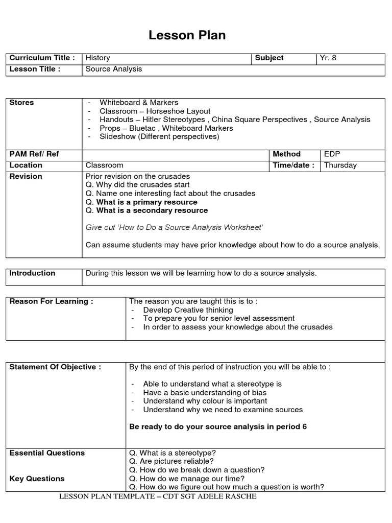 source analysis lesson plan thursday period 1 and 6 Lesson Plan