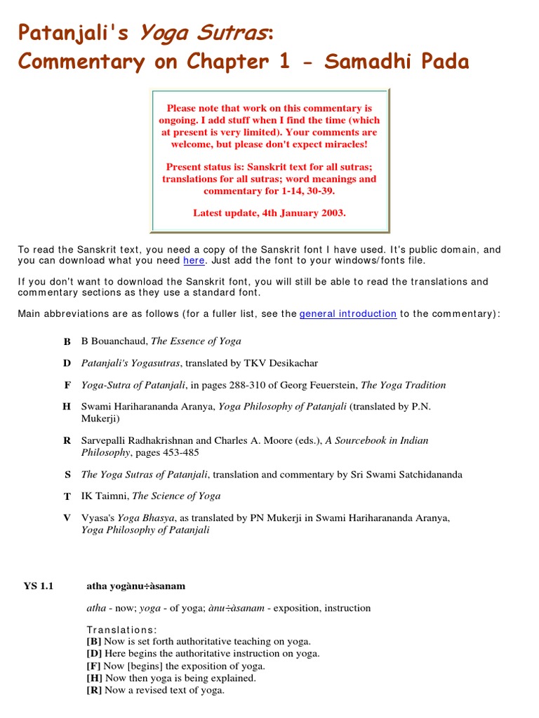 Commentary on Patanjali's Yoga Sutras | PDF | Yoga Sutras Of Patanjali ...