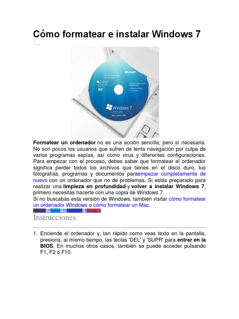 Formatear e Instalar Windows 7: Guía | PDF | Windows 7 | Microsoft Windows
