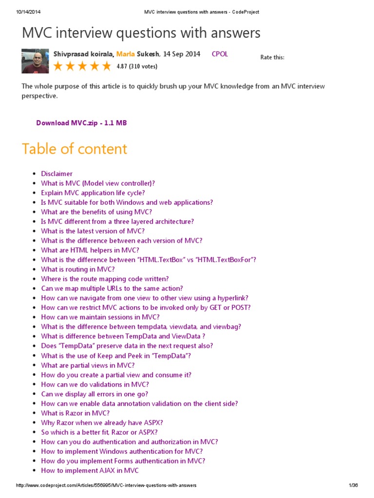 MVC Interview Questions With Answers - CodeProject | PDF | Representational  State Transfer | Model–View–Controller