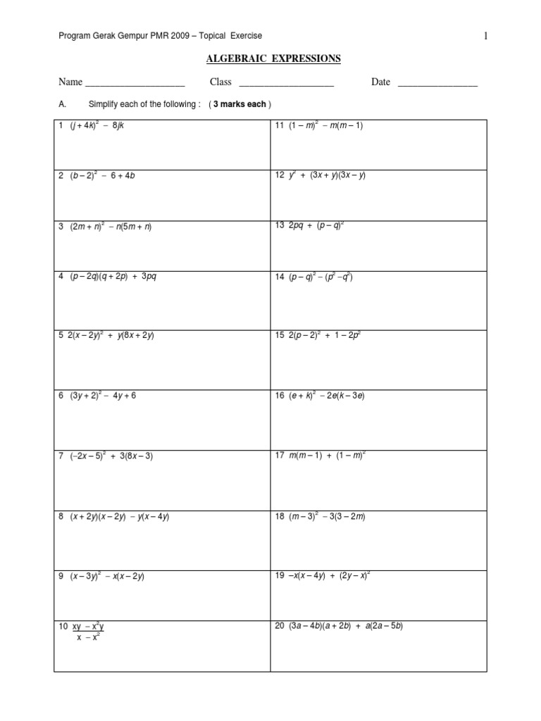 Algebraic Expressions Exercise PMR 2009 | PDF