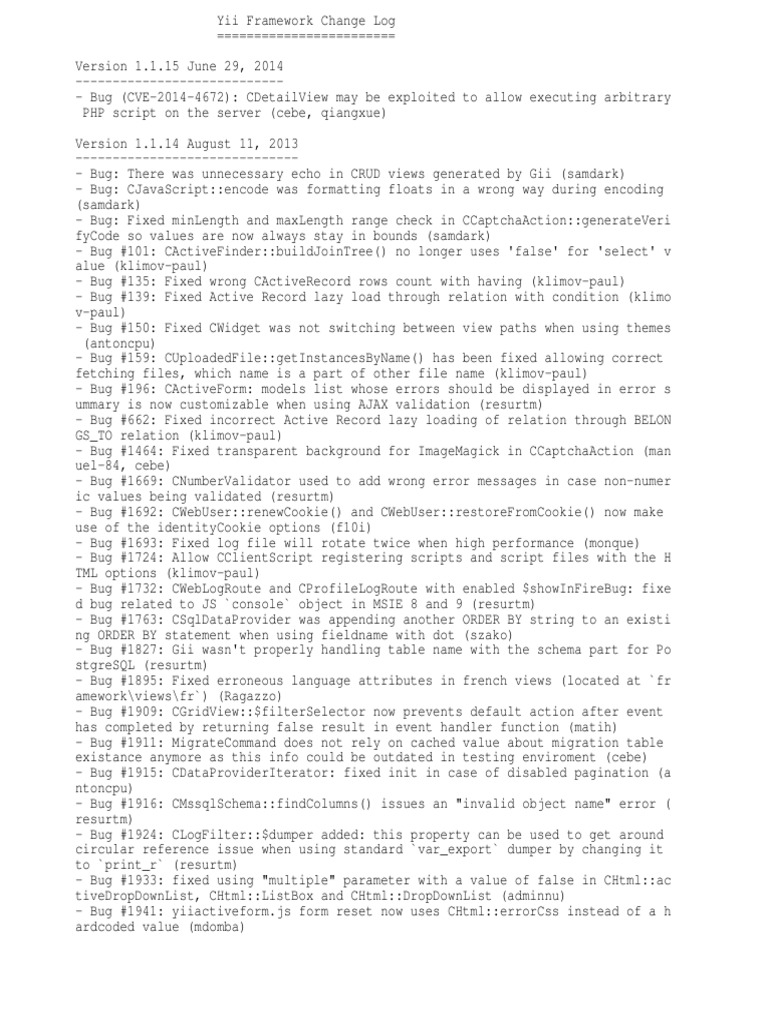 Change Log For Yii | PDF | Software Bug | Php