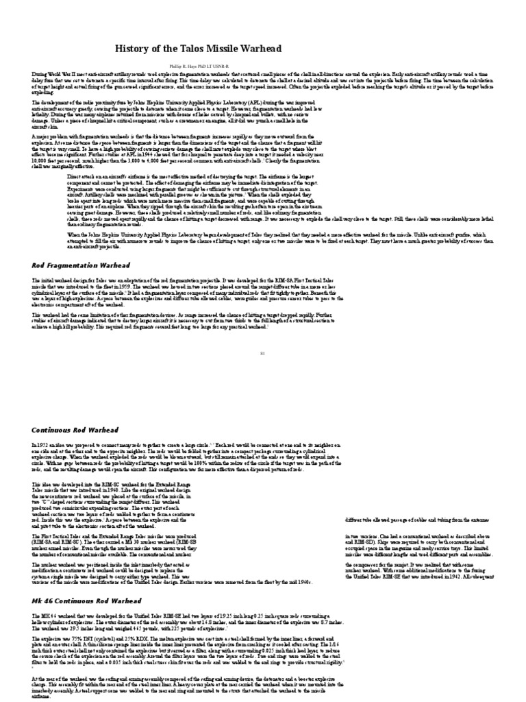 A Technical History of the Development of Continuous Rod Warheads for