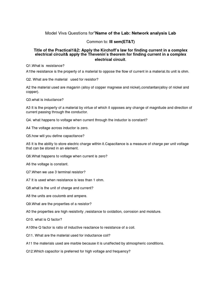 Network Analysis Lab Viva Questions | PDF | Electronic Filter ...
