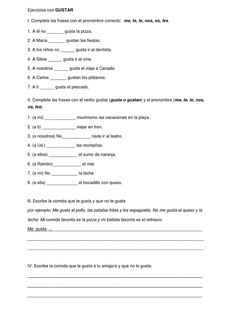 Verbo Gustar 20-20-20  PDF With Regard To Verbs Like Gustar Worksheet