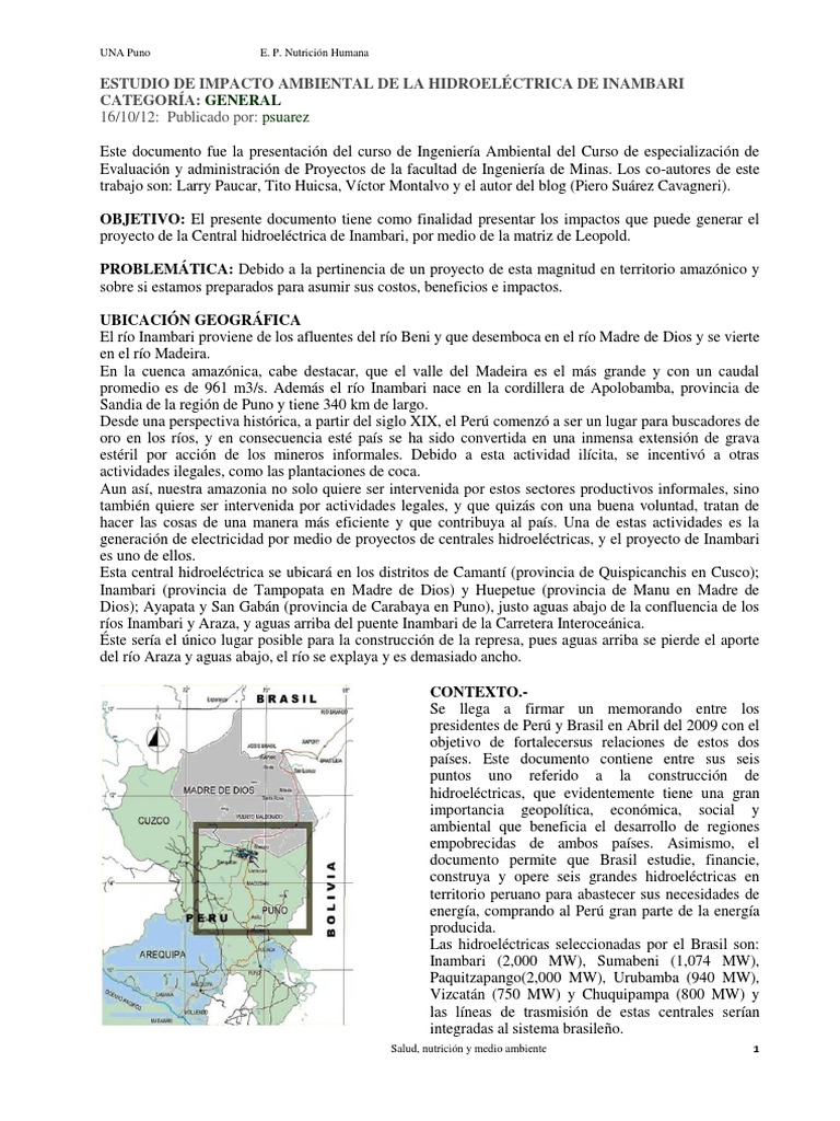 Impacto Ambiental de la Hidroeléctrica Inambari | PDF | Reservorio | lago