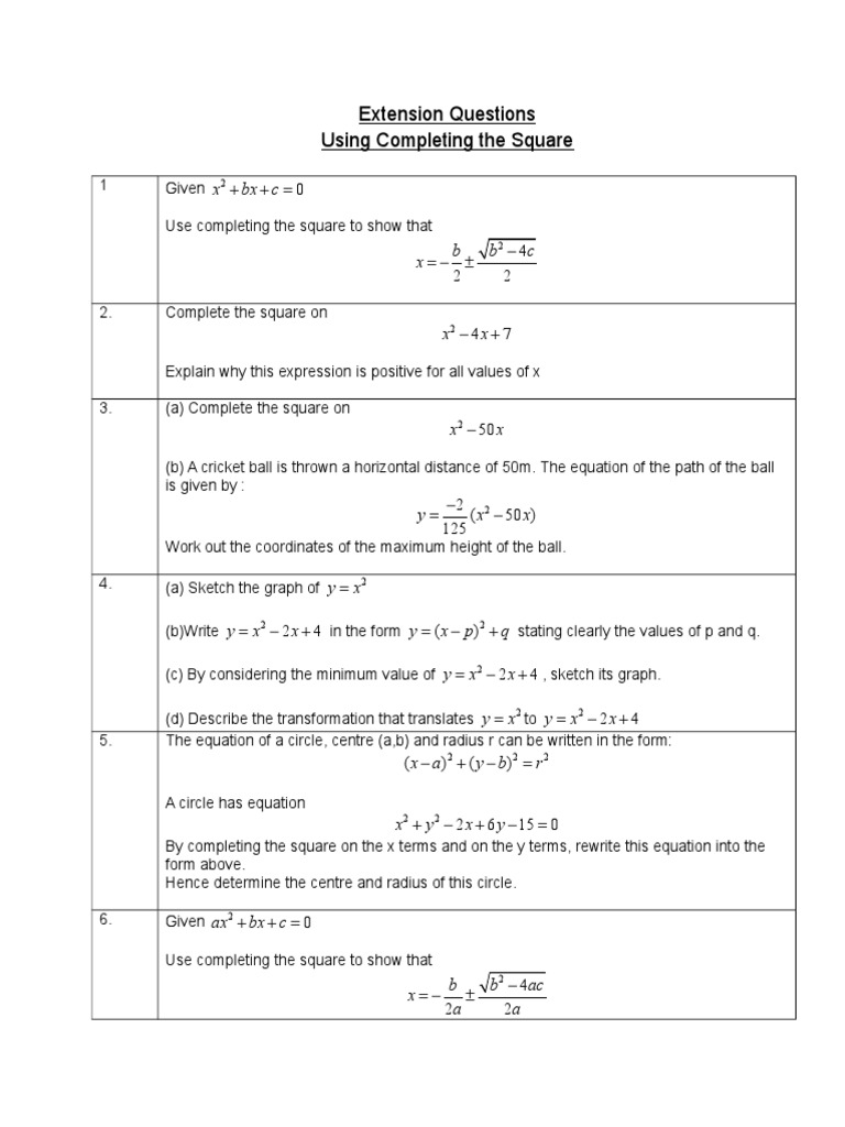 Completing the Square: Advanced Problems | PDF