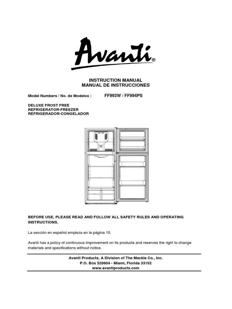 Avanti Fridge Instructions Manual (Model FF993W) Download Free PDF