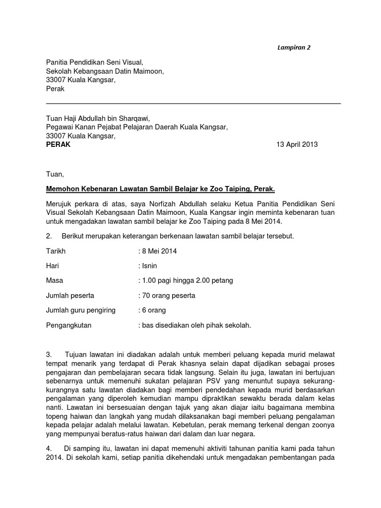 Surat Litup Memohon Kebenaran Lawatan Daripada Ppd