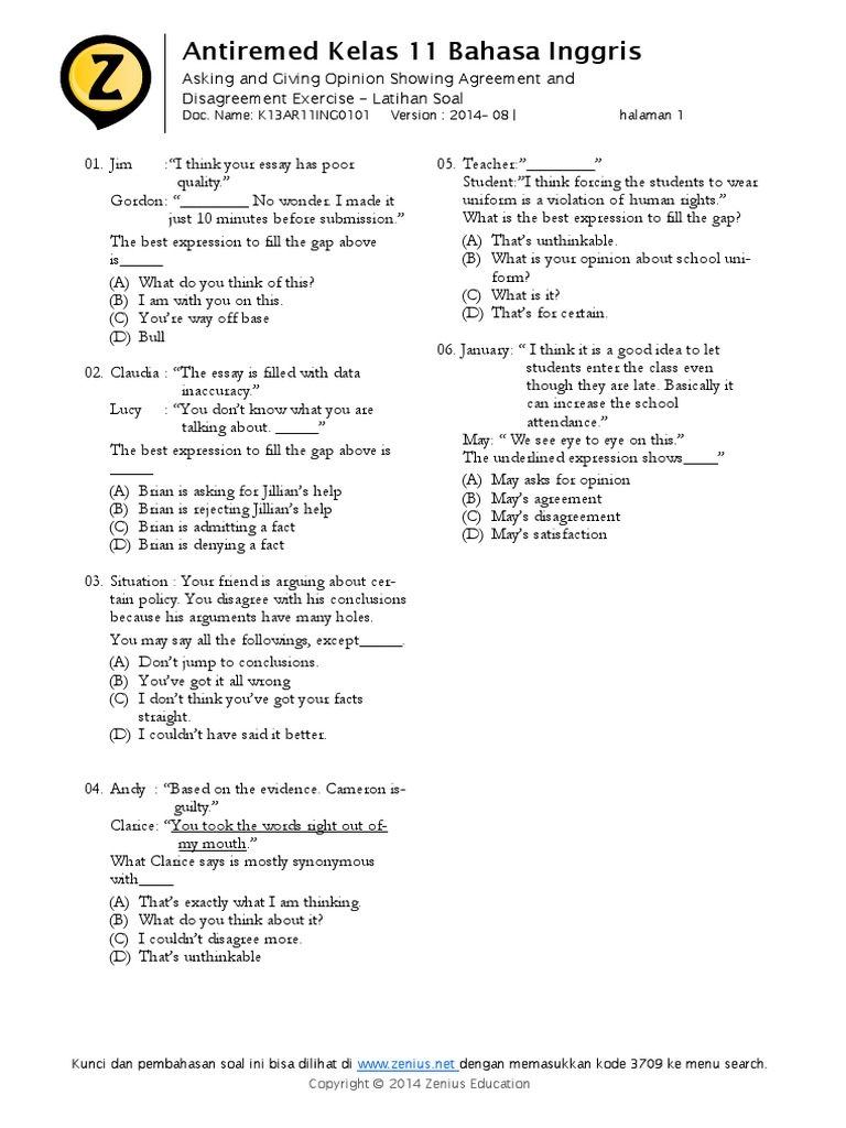 Soal Opinionb Inggris Kls 11