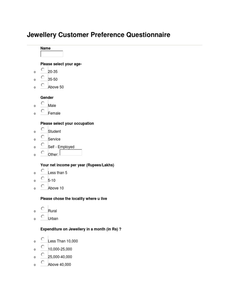 Jewellery Customer Preference Questionnaire Jewellery Jewelry