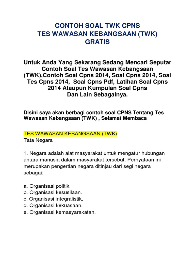 Contoh Soal Tes Wawasan Kebangsaan Terbaru