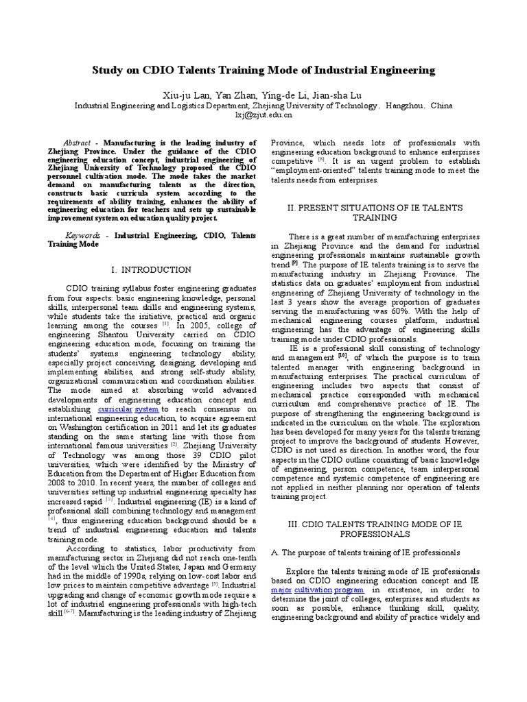 Study On CDIO Talents Training Mode of Industrial Engineering | PDF ...