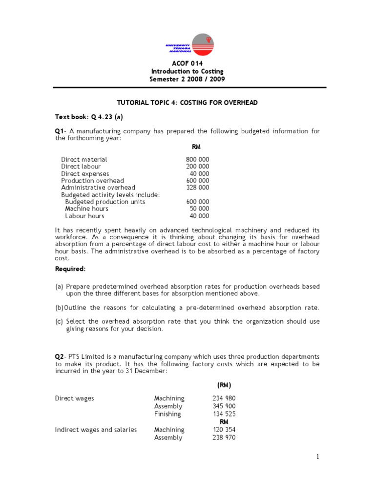 Tutorial 4 - Costing For Overhead | PDF | Cost Of Goods Sold | Cost