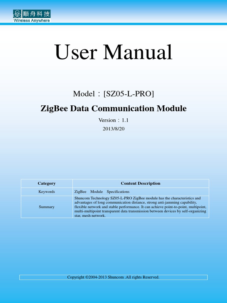 User Manual For ZigBee Module (SZ05-L-PRO) V1.1 | PDF | Computer ...