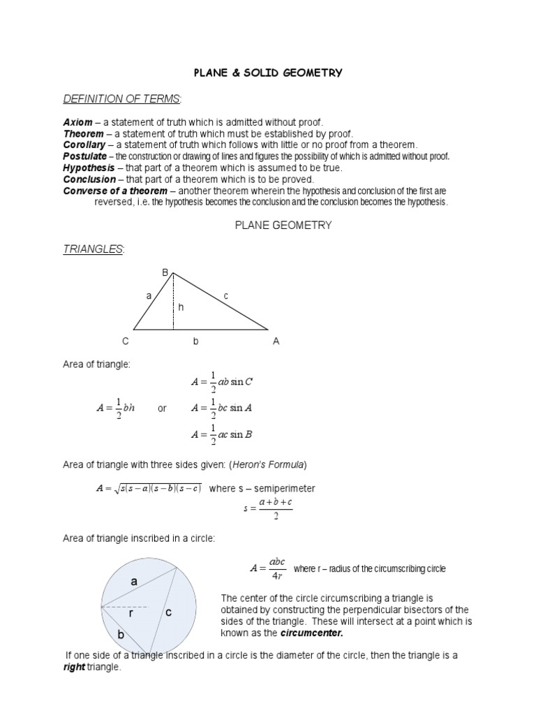 Plane & Solid Geometry Handout | PDF | Geometric Objects | Euclidean ...