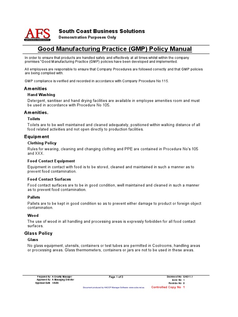 GMP Policy Manual Hygiene Hazard Analysis And Critical Control Points