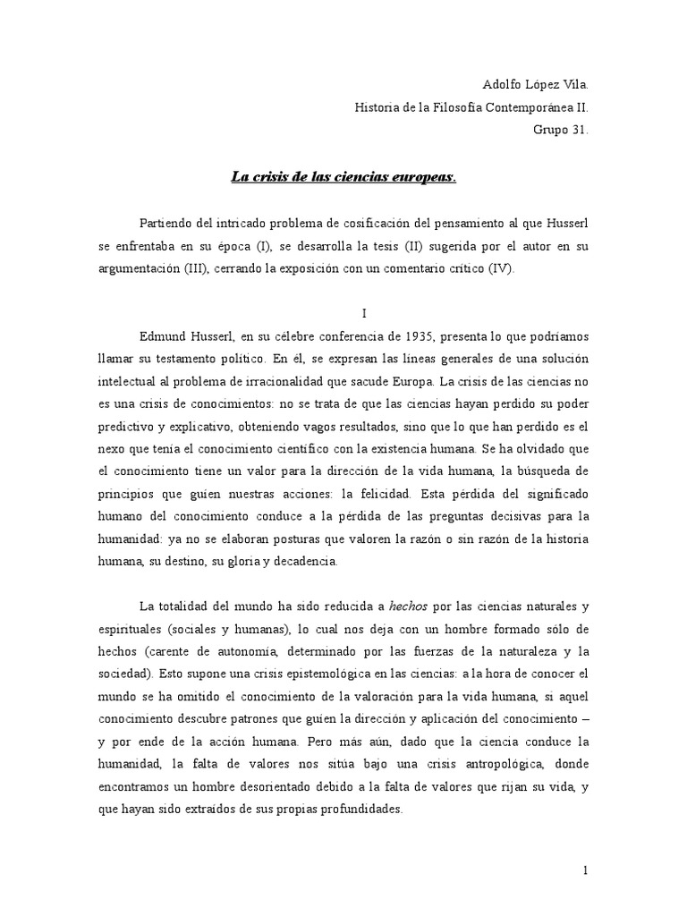 Reseña La Crisis de Las Ciencias Europeas | Edmund Husserl | Unión Europea