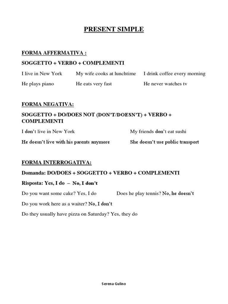 Present Simple: Forma Affermativa: Soggetto + Verbo + Complementi | PDF