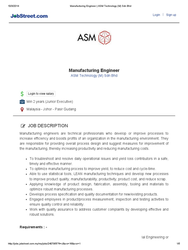 Manufacturing Engineer - ASM Technology (M) SDN BHD | PDF | Revenue ...