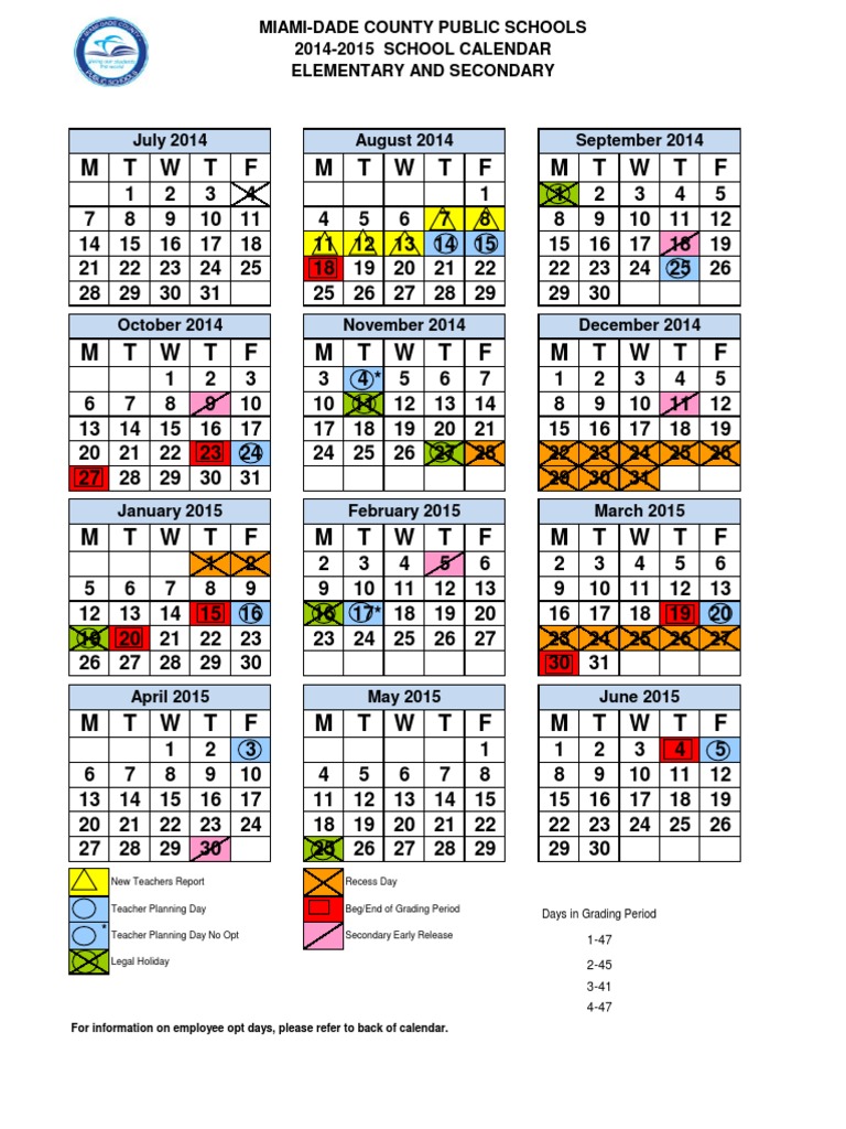 Dade School Calendar 14 To 15 Pdf Academic Term Behavior Modification
