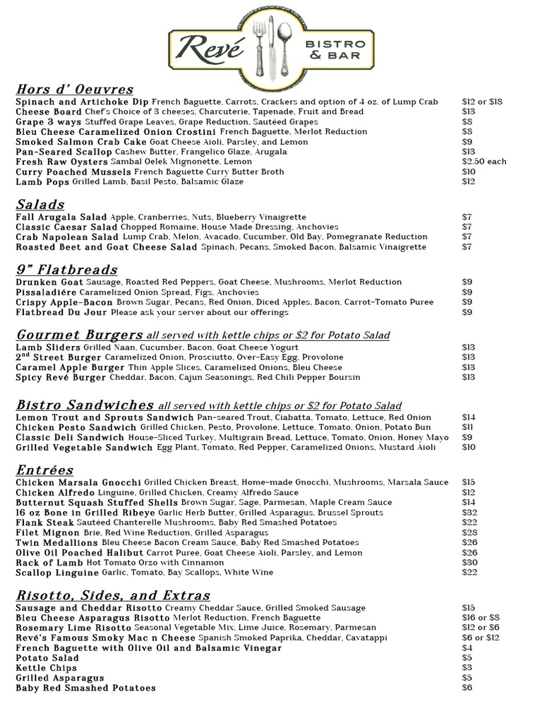 Reve Bistro and Bar Opening Menu | Salad | Hamburgers