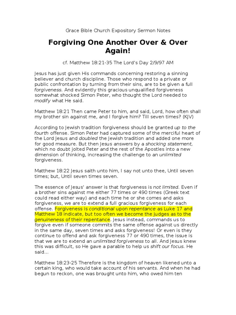 Grace Bible Church Expository Sermon Notes | Forgiveness | Repentance