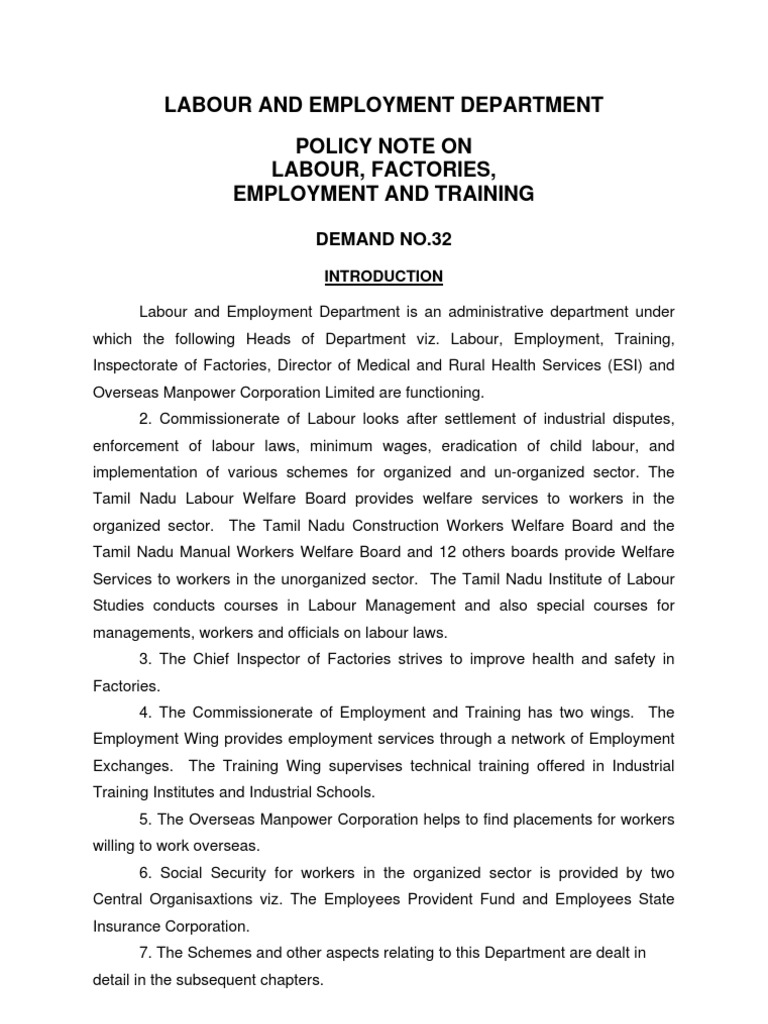 Labour and employment department policy note on labour factories