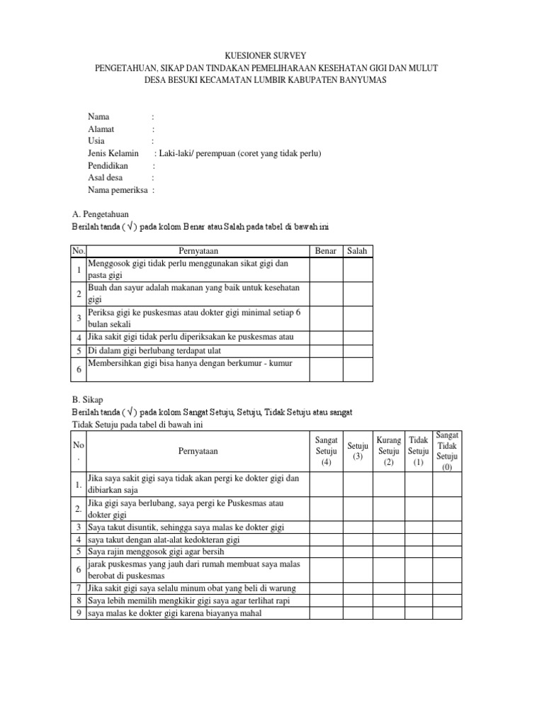 Kuisioner Kesehatan Gigi Dan Mulut Pengetahuan Sikap Dan Tindakan