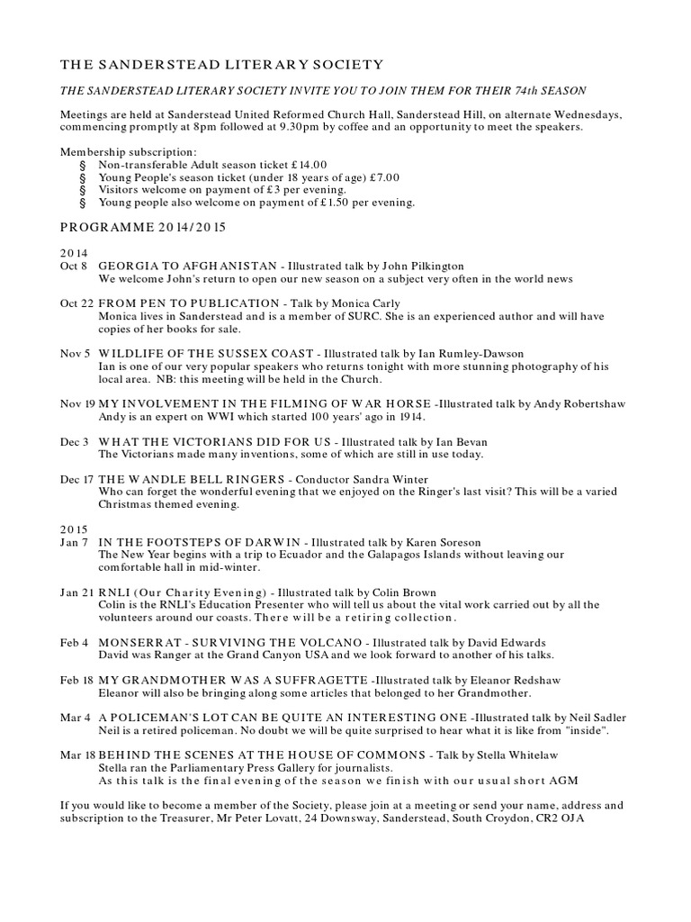 Sanderstead Literary Society 74th Season | PDF