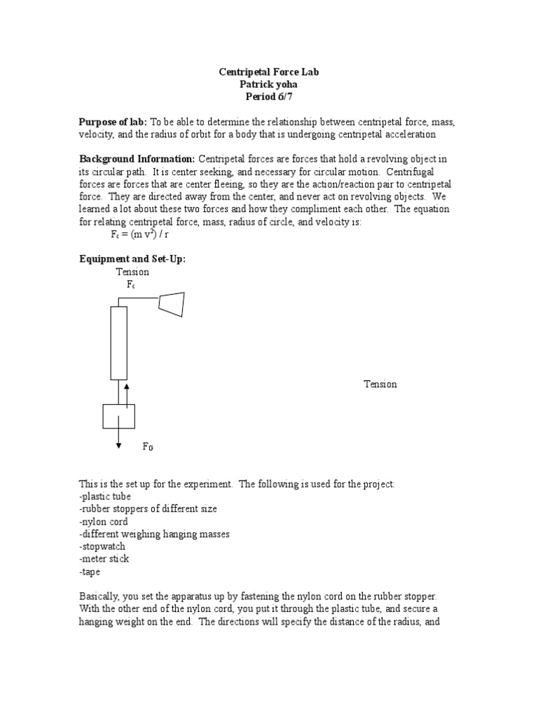 Physics Centripetal Force Lab Report Force Physics