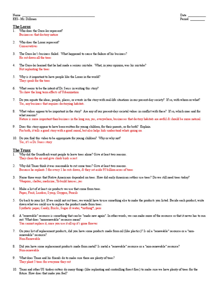 Lorax Truax Questions Trees Nature