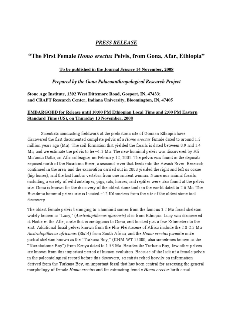 The First Female Homo Erectus Pelvis, From Gona, Afar, Ethiopia | PDF ...
