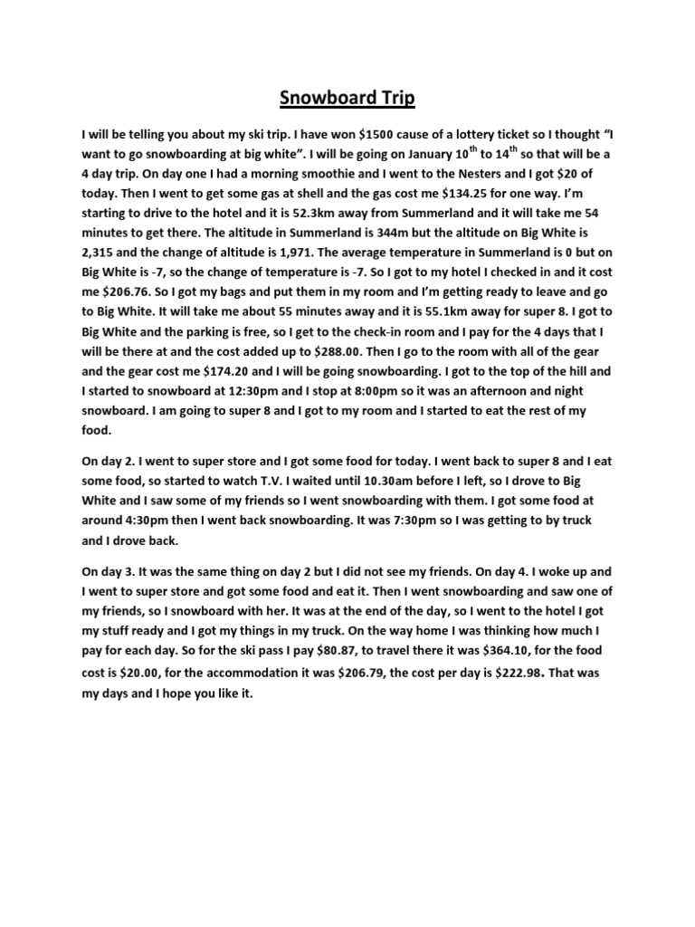 Snowboarding Trip to Big White Summary | PDF