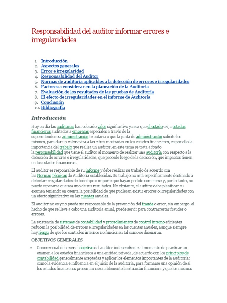 Responsabilidad del Auditor ante Errores | PDF | Auditoría financiera ...