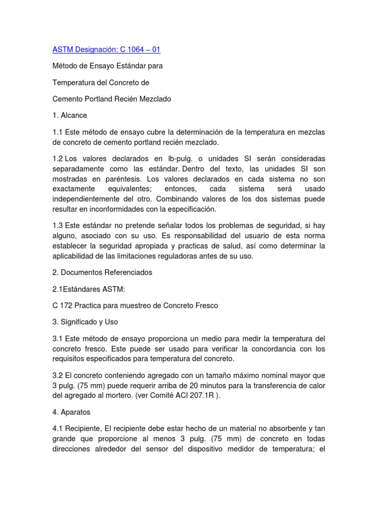 Astm C 1064 Temperatura Del Concreto PDF Calibración Cemento
