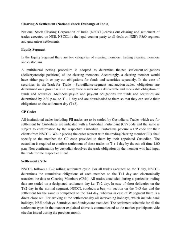 Nse Clearing & Settlement PDF Clearing (Finance) Securities (Finance)