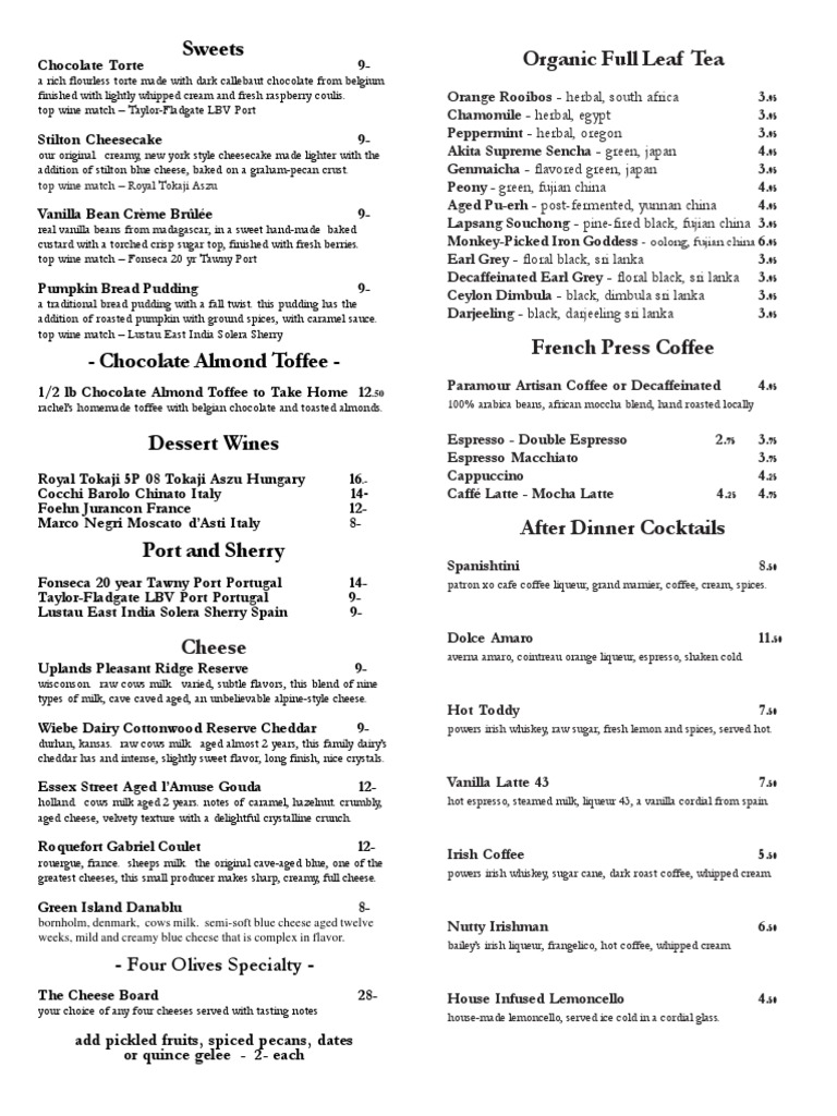 4 Olives Dessert Menu 110414 PDF Desserts Coffee