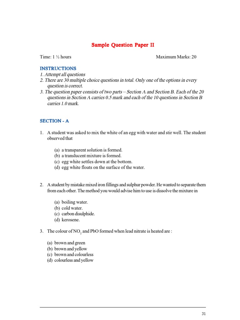 Sample Question Paper II - Science Exam | PDF | Axon | Photosynthesis