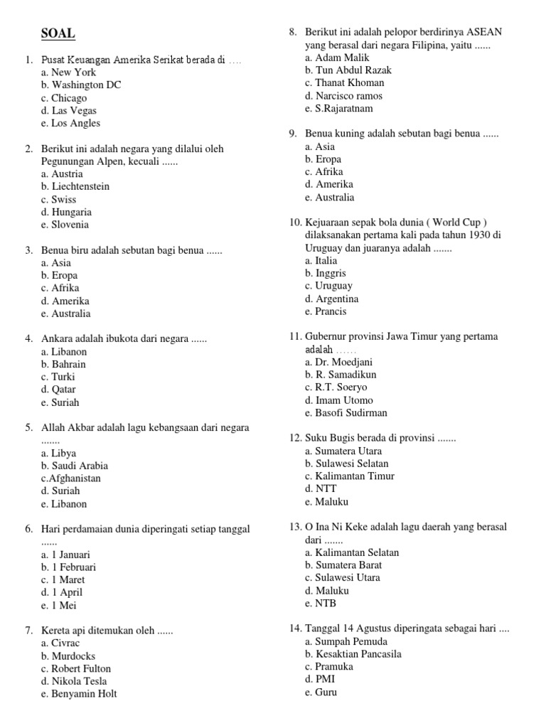 Soal Pengetahuan Umum Beserta Kunci