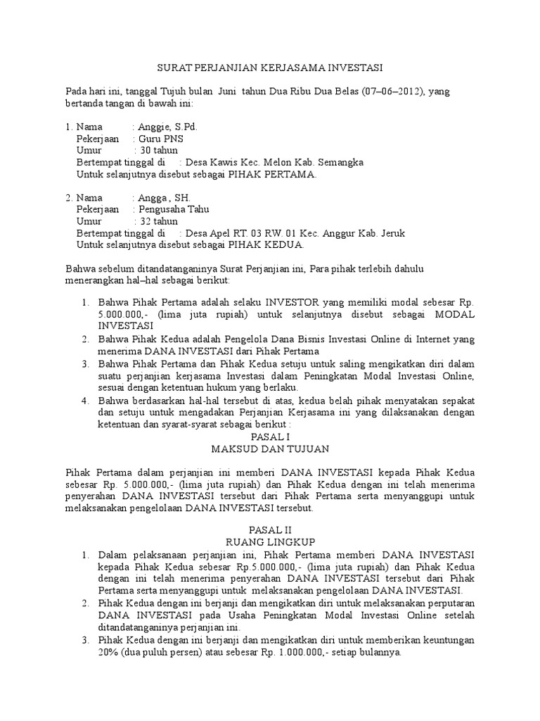 26 Contoh Surat Perjanjian Kerjasama Investasi Info Dana Tunai