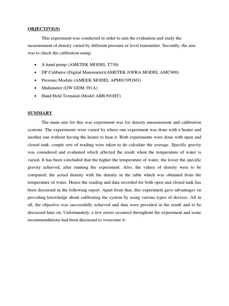 Density Measurement and Calibration Lab Report | PDF | Density | Pressure