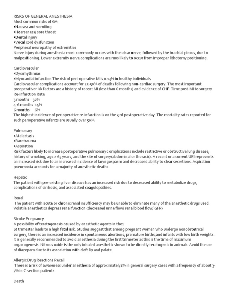 Risks of GA | PDF | Anesthesia | Health Sciences