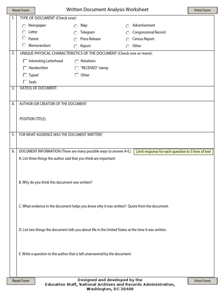Written Document Analysis Worksheet  PDF Inside Written Document Analysis Worksheet Answers