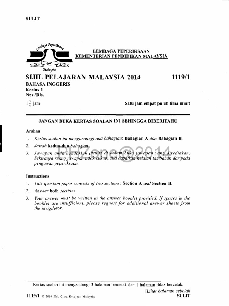 Kertas Sebenar 2014 Bahasa Inggeris 1119 1 Pdf