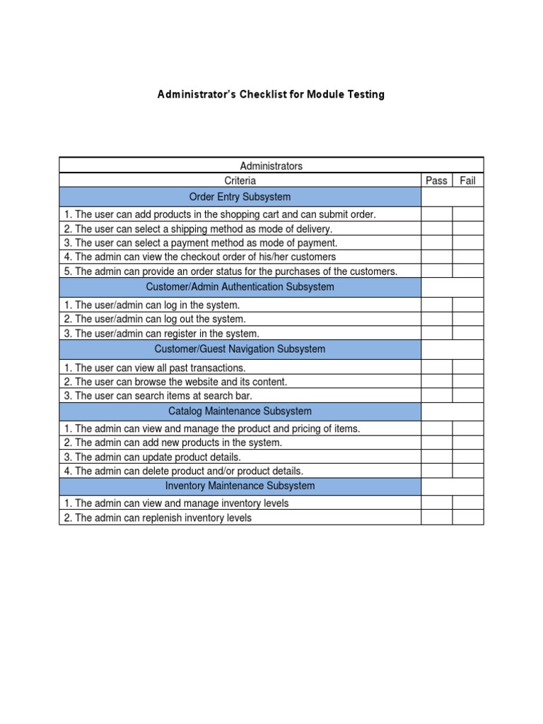 Admin Checklist for Module Testing | PDF