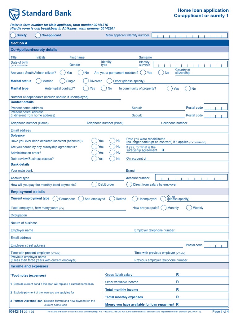 STANDARD BANK Co Applicant Application Form Loans Mortgage Loan